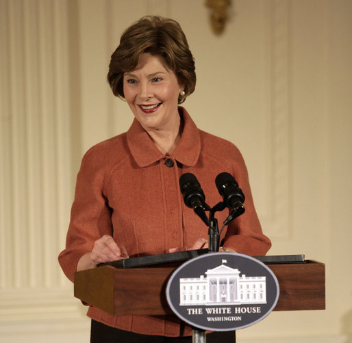 Mrs. Laura Bush speaks to the audience Monday, Jan. 28, 2008, during the President's Committee on the Arts and the Humanities Coming Up Taller awards ceremony in the East Room of the White House. Mrs. Bush told her audience, "The Coming Up Taller award winners have made a demonstrable impact on the lives of children, many of whom need extra attention from caring adults to help them stay on track for a healthy and successful life." White House photo by Shealah Craighead