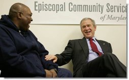 President George W. Bush and Thomas Boyd, a graduate of the Jericho Program, share a laugh Tuesday, Jan. 29, 2008, during the President's visit to the Baltimore faith-based program that helps men rebuild their lives and return to positive, productive roles. White House photo by Joyce N. Boghosian