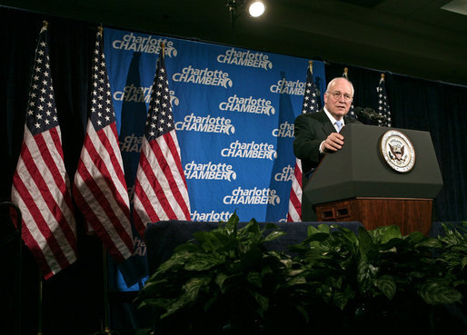 Vice President Dick Cheney delivers remarks on the state of the economy, the war on terror and pending FISA legislation Thursday, Jan. 31, 2008, to the Charlotte Chamber of Commerce in Charlotte, N.C. White House photo by David Bohrer