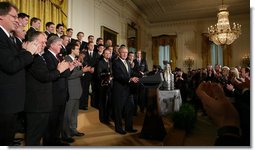 President George W. Bush welcomes the 2007 NHL Stanley Cup champion Anaheim Ducks to the East Room of the White House Wednesday, Feb. 6, 2008. The Ducks claimed their first Cup when they defeated the Ottawa Senators in the best-of-seven championship series in June 2007. White House photo by Chris Greenberg