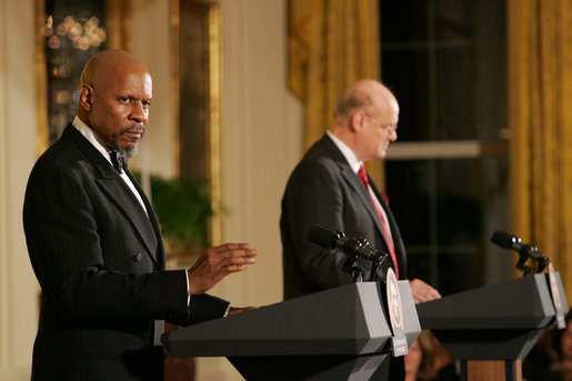 Actor Avery Brooks, (L), and Dr. Allen Guelzo make remarks during a ceremony in the East Room of the White House honoring Abraham Lincoln's 199th Birthday, Sunday, Feb. 10, 2008. White House photo by Chris Greenberg