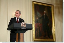 President George W. Bush makes remarks during a ceremony in the East Room of the White House honoring Abraham Lincoln's 199th Birthday, Sunday, Feb. 10, 2008. White House photo by Chris Greenberg