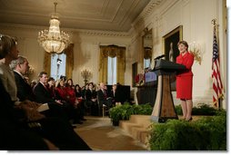 Mrs. Laura Bush addresses her remarks at The Heart Truth reception Monday, Feb. 11, 2008, in the East Room of the White House, part of a national awareness campaign that warns women of the dangers of heart disease. Mrs. Bush, joined by President George W. Bush at the reception, has served as the National Ambasasador for The Heart Truth national campaign since 2003. White House photo by Shealah Craighead