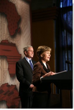 Mrs. Laura Bush addresses guests as she prepares to introduce President George W. Bush Thursday, Feb. 14, 2008 at the Smithsonian National Museum of African Art in Washington, D.C., prior to an address about their upcoming trip to Africa. Mrs. Bush outlined the many United States initiatives in cooperation with Africa nations that help improve education, reduce poverty and fight pandemic diseases.  White House photo by Chris Greenberg