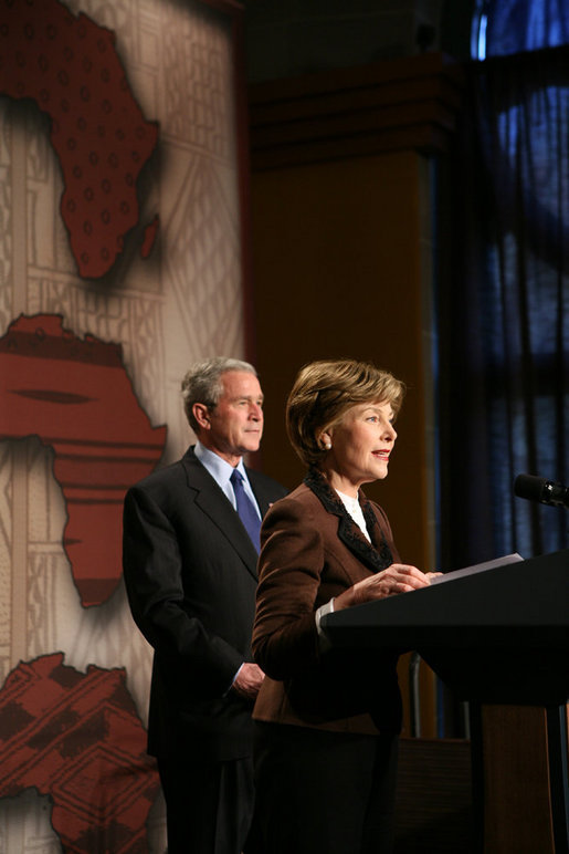 Mrs. Laura Bush addresses guests as she prepares to introduce President George W. Bush Thursday, Feb. 14, 2008 at the Smithsonian National Museum of African Art in Washington, D.C., prior to an address about their upcoming trip to Africa. Mrs. Bush outlined the many United States initiatives in cooperation with Africa nations that help improve education, reduce poverty and fight pandemic diseases. White House photo by Chris Greenberg