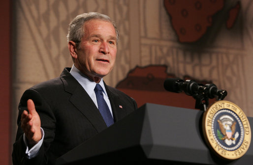 President George W. Bush gestures as he as he delivers his remarks Thursday, Feb. 14, 2008 at the Smithsonian National Museum of African Art, on his upcoming trip to Africa. Speaking in praise of the continent President Bush said, "Africa in the 21st century is a continent of potential. It's a place where democracy is advancing, where economies are growing, and leaders are meeting challenges with purpose and determination." White House photo by Chris Greenberg