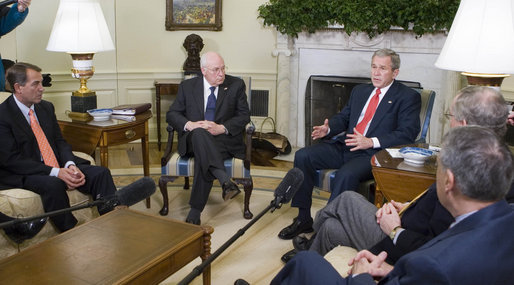 President George W. Bush and Vice President Dick Cheney meet with the Bicameral Republican leadership Friday, Feb. 15, 2008, in the Oval Office. White House photo by Joyce N. Boghosian