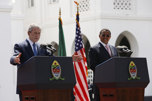 President George W. Bush delivers remarks as he participates in a joint press availability Sunday, Feb. 17, 2008, with President Jakaya Kikwete of Tanzania at the State House in Dar es Salaam. White House photo by Eric Draper