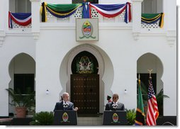 President George W. Bush and President Jakaya Kilwete of Tanzania particiapte in a joint press availability Sunday, Feb. 17, 2008, outside the State House in Dar es Salaam, Tanzania. White House photo by Chris Greenberg