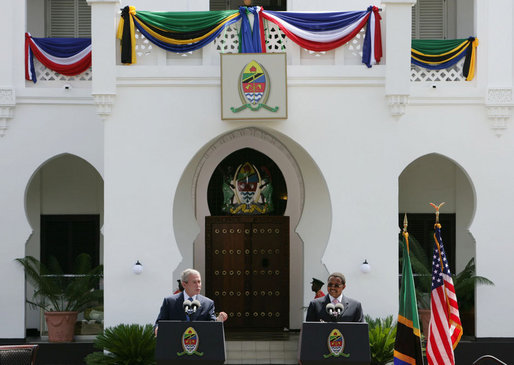 President George W. Bush and President Jakaya Kilwete of Tanzania particiapte in a joint press availability Sunday, Feb. 17, 2008, outside the State House in Dar es Salaam, Tanzania. White House photo by Chris Greenberg