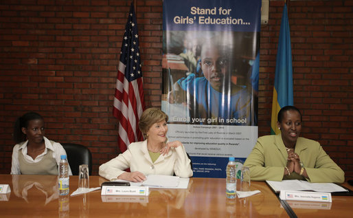 Mrs. Laura Bush joins Rwanda first lady Jeannette Kagame, right, during a forum Tuesday, Feb. 19, 2008 in Kigali, Rwanda, to promote girls' education. White House photo by Shealah Craighead