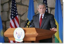 President George W. Bush addresses reporters during a joint press availability following the signing of a bilateral investment treaty with Rwanda President Paul Kagame, Tuesday, Feb. 19, 2008 in Kilgali, Rwanda. White House photo by Chris Greenberg
