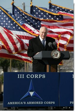 Vice President Dick Cheney delivers remarks during an Uncasing of the Colors Ceremony Tuesday, Feb. 26, 2008, at Fort Hood, Texas. White House photo by David Bohrer