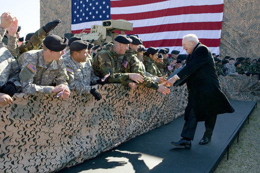 Vice President Dick Cheney greets U.S. Army troops Tuesday, Feb. 26, 2008 during a rally for the First Cavalry Division at Fort Hood, Texas. White House photo by David Bohrer