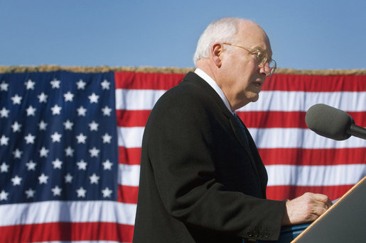 Vice President Dick Cheney delivers remarks Tuesday, Feb. 26, 2008, during a rally for the troops of the First Cavalry Division and Three Corps at Fort Hood, Texas. In expressing his appreciation of the troops' service in Iraq the Vice President said, "Whatever your future holds, you can always take satisfaction in the accomplishments of the past 15 months. You were there for America." He added, "As Vice President -- and more than that, as a citizen of this country -- I'm proud to look you in the eye to express my deep gratitude and total respect." White House photo by David Bohrer