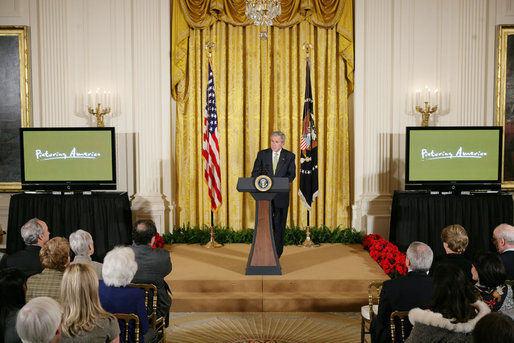 President George W. Bush, speaking Tuesday, Feb. 26, 2008 in the East Room of the White House, announces the launch of the National Endowment for the Humanities’ Picturing America initiative, to promote the teaching, study, and understanding of American history and culture in schools. White House photo by Chris Greenberg