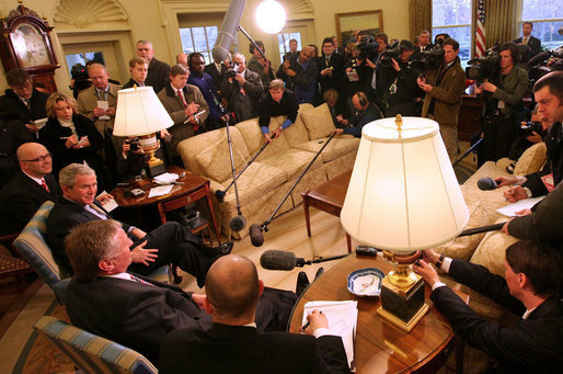 President George W. Bush and Mirek Topolanek, Prime Minister of the Czech Republic, address reporters Wednesday, Feb. 27, 2008, in the Oval Office. White House photo by Joyce N. Boghosian