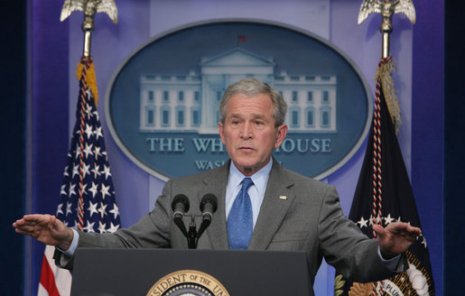 President George W. Bush gestures as he speaks to the press during a morning news conference Thursday, Feb. 28, 2008, in the James S. Brady Press Briefing Room. White House photo by Chris Greenberg