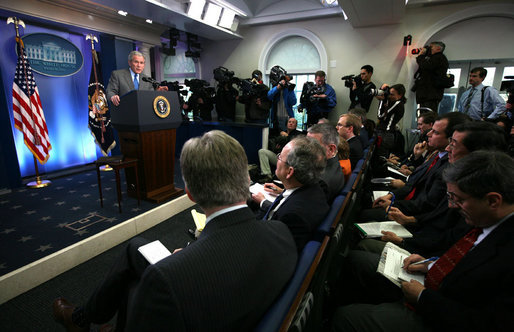President George W. Bush responds to a question during a morning press conference in the James S. Brady Press Briefing Room of the White House. White House photo by Joyce N. Boghosian