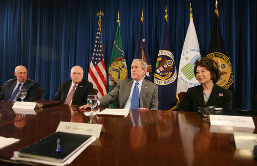President George W. Bush, joined by Vice President Dick Cheney, meets with members of his economic team Thursday, Feb. 28, 2008 at the U.S. Labor Department in Washington, D.C., including U.S. Secretary of Treasury Henry Paulson, left, and U.S. Labor Secretary Elaine Chao. White House photo by Joyce N. Boghosian