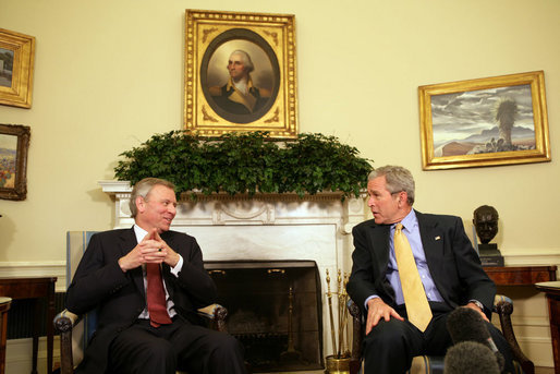 President George W. Bush meets with Jaap de Hoop Scheffer, Secretary General of the North Atlantic Treaty Organization (NATO) Friday, Feb. 29, 2008, in the Oval Office. White House photo by Chris Greenberg