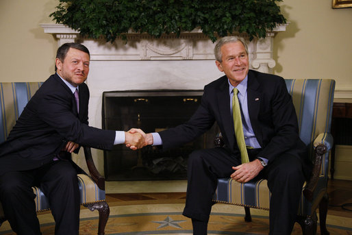 President George W. Bush welcomes King Abdullah II to the Oval Office Tuesday, March 4, 2008. President Bush told the King of Jordan, "I value your friendship and I value your leadership. And I appreciate you coming back. America has got no stronger friend in the Middle East than Jordan." White House photo by Eric Draper