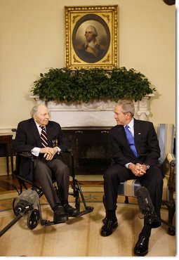President George W. Bush welcomes Cpl. Frank Woodruff Buckles, the last known surviving American-born WWI veteran, to the Oval Office Thursday, March 6, 2008. The President told the 107-year-old, ".One way for me to honor the service of those who wear the uniform in the past and those who wear it today is to herald you, sir, and to thank you very much for your patriotism and your love for America."  White House photo by Eric Draper