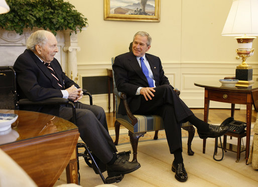 President George W. Bush visits with Cpl. Frank Woodruff Buckles in the Oval Office, Thursday, March 6, 2008. Said the President, "Sitting next to me is Mr. Frank Buckles, 107-years-young, and he is the last living Doughboy from World War I. And it has been my high honor to welcome Mr. Buckles, and his daughter, Susannah, here to the Oval Office." White House photo by Eric Draper