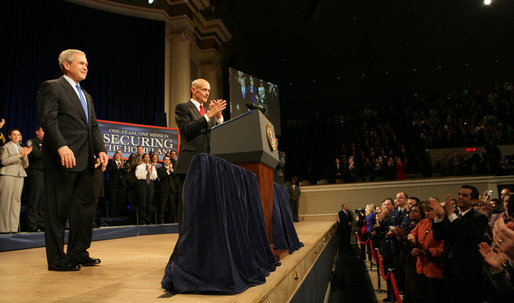 President George W. Bush acknowledges the audience as he's introduced by Secretary Michael Chertoff at Constitution Hall during a ceremony Thursday, March 6, 2008, to mark the 5th anniversary of the U.S. Department of Homeland Security. White House photo by Chris Greenberg