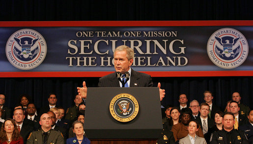 President George W. Bush addresses the audience at Constitution Hall in Washington, D.C., Thursday, March 6, 2008, during a commemoration of the 5th anniversary of the U.S. Department of Homeland Security. White House photo by Chris Greenberg
