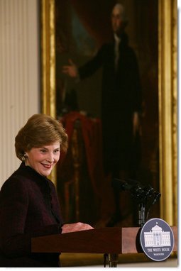 Mrs. Laura Bush welcomes guests Friday, March 7, 2008, to the East Room of the White House for a scene performance of Chasing George Washington: A White House Adventure. Mrs.Bush also spoke about the importance of learning through the arts and in support of the Kennedy Center/White House Historical Association theater series. White House photo by Joyce N. Boghosian