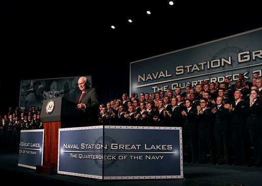 Vice President Dick Cheney delivers remarks to U.S. Naval recruits and sailors Friday, March 7, 2008, at Naval Station Great Lakes in Great Lakes, Ill. White House photo by David Bohrer