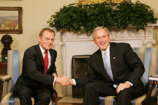 President George W. Bush welcomes Poland’s Prime Minister Donald Tusk to the Oval Office of the White House, Monday, March 10, 2008. White House photo by Joyce N. Boghosian