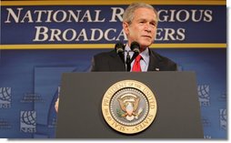 President George W. Bush addresses his remarks at the National Religious Broadcasters convention Tuesday, March 11, 2008 in Nashville, Tenn. White House photo by Chris Greenberg