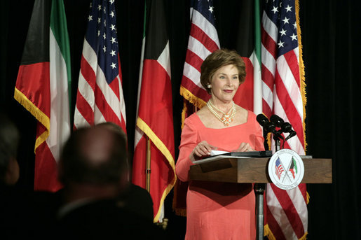 Mrs. Laura Bush delivers remarks at the Kuwait-America Foundation's Stand for Africa Gala Dinner Wednesday, March 12, 2008, at the Residence of the Ambassador of Kuwait. White House photo by Shealah Craighead