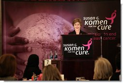 Mrs. Laura Bush delivers remarks at the Susan G. Komen for the Cure Global Initiative Luncheon Wednesday, March 12, 2008, at the U.S. Capitol in Washington, D.C. Mrs. Bush also talked about her upcoming trip to Mexico City where she will announce the U.S.-Mexico Partnership for Breast Cancer Awareness and Research. White House photo by Shealah Craighead