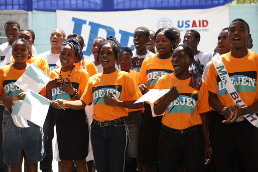 A choir sings a welcome song for Mrs. Laura Bush during her visit to the IDEJEN educational program at the College de St. Martin Tours Thursday, March 13, 2008, in Port-au-Prince, Haiti. White House photo by Shealah Craighead