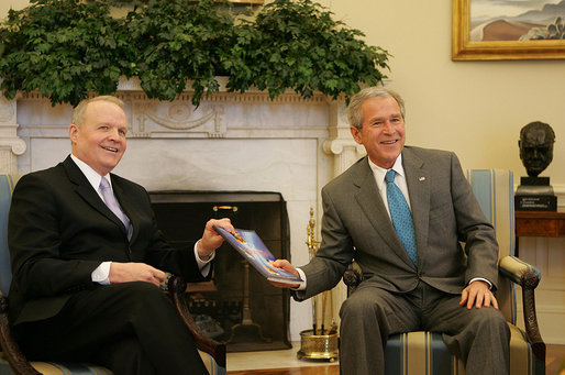 President George W. Bush welcomes Dr. Larry Faulkner, Chairman of the National Mathematics Advisory Panel, to the Oval Office Thursday, March 13, 2008. Dr. Faulkner presented the President with the final report containing the findings and recommendations of the National Mathematics Advisory Panel. White House photo by Joyce N. Boghosian