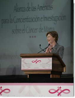 Mrs. Laura Bush addresses an audience Friday, March 14, 2008, prior to the signing of the U.S.-Mexico Partnership for Breast Cancer Awareness and Research agreement at the Interactive Economics Museum in Mexico City. White House photo by Shealah Craighead