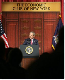 President George W. Bush delivers remarks on the economy to the Economic Club of New York Friday, March 14, 2008, in New York City, New York. White House photo by Chris Greenberg