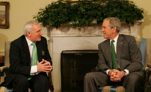 President George W. Bush welcomes Prime Minister Bertie Ahern of Ireland to the White House Monday, March 17, 2008, in celebration of St. Patrick's Day. White House photo by Joyce N. Boghosian