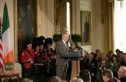 President George W. Bush delivers remarks Monday, March 17, 2008, during a reception in celebration of St. Patrick's Day in the East Room of the White House. Speaking to the Prime Minister of Ireland, President Bush said, "We've had a long relationship, Taoiseach. Our history has been one where the United States and Ireland have made liberty our common cause, and both of our nations are richer for it." White House photo by Shealah Craighead