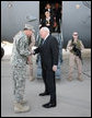 Vice President Dick Cheney is greeted by General David Petraeus, Commanding General of Multi-National Forces Iraq, as his wife Mrs. Lynne Cheney and daughter Liz Cheney deplanes in Baghdad, Monday, March 17, 2008. The visit is the Vice President's third to Iraq and comes during the fifth anniversary of the beginning of the U.S.-led campaign to liberate the Iraqi people. White House photo by David Bohrer