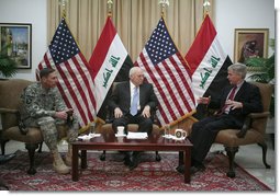Vice President Dick Cheney participates in a classified briefing with U.S. Ambassador to Iraq Ryan Crocker, left, and Commanding General of Multi-National Forces Iraq General David Petraeus, right, in the Green Zone in Baghdad. Later in the day the Vice President ventured outside the Green Zone to meet with Iraqi leadership to discuss energy legislation, long-term security issues and the development of Iraqi diplomatic relationships with neighboring countries. White House photo by David Bohrer