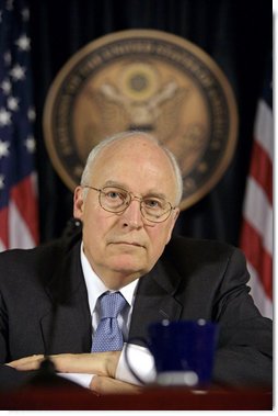 Vice President Dick Cheney listens to a reporter's question Monday, March 17, 2008 during press availability with General David Petraeus and U.S. Ambassador to Iraq Ryan Crocker (not pictured) inside the Green Zone in Baghdad. "This week marks the fifth anniversary since we launched into Iraq in March of '03," said the Vice President during the press availability, adding, "If you reflect back on those five years, I think it's been a difficult, challenging, but nonetheless successful endeavor; that we've come a long way in five years, and that it's been well worth the effort." White House photo by David Bohrer