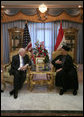 Vice President Dick Cheney meets with the Chairman of the Supreme Council for the Islamic Revolution in Iraq Sayyed Abdul-Aziz al-Hakim Monday, March 17, 2008 at the Hakim residence in Baghdad. During a statement following their meeting the Vice President said, "There is still a lot of difficult work that must be done, but as we move forward, the Iraqi people should know that they will have the unwavering support of President Bush and the United States in consolidating their democracy." White House photo by David Bohrer