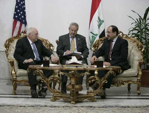 Vice President Dick Cheney meets with Iraqi Prime Minister Nouri al-Maliki Monday, March 17, 2008 at the Prime Minister's residence in Baghdad. In remarks following their meeting, the Vice President said, "I was last in Baghdad 10 months ago, and I can sense as a result of the progress that's been made since then that there have been some phenomenal changes, in terms of the overall situation, both with respect of the security situation, where Iraqi and American forces have done some very good work, as well as with respect to political developments here in Iraq." White House photo by David Bohrer