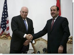 Vice President Dick Cheney shakes hands with Iraqi Prime Minister Nouri al-Maliki following their meeting Monday, March 17, 2008 at the Prime Minister's residence in Baghdad. "I found the Vice President a man who understands very well and is very keen about Iraq's success," said Prime Minister Maliki, adding, "I believe these visits really cement and support the relationship between the two countries, the success that we achieve in Iraq against terrorism, and in the war against terrorism."  White House photo by David Bohrer