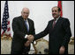Vice President Dick Cheney shakes hands with Iraqi Prime Minister Nouri al-Maliki following their meeting Monday, March 17, 2008 at the Prime Minister's residence in Baghdad. "I found the Vice President a man who understands very well and is very keen about Iraq's success," said Prime Minister Maliki, adding, "I believe these visits really cement and support the relationship between the two countries, the success that we achieve in Iraq against terrorism, and in the war against terrorism." White House photo by David Bohrer