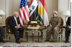 Vice President Dick Cheney meets with Kurdish Regional Government President Massoud Barzani Tuesday, March 18, 2008 in the northern Iraqi city of Irbil. During the press availability following the meeting, the KRG president voiced his appreciation of the sacrifices given by Americans to liberate the Iraqi people and said, "We will be with you in one trench, and without any hesitation or reservation, to fight terrorism and also to succeed in our efforts in the democratic process and also in building a free and prosperous Iraq."  White House photo by David Bohrer